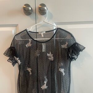NWT Maurices Black Sheer Blouse with White Embroidery